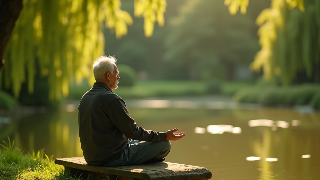 Žmogus sėdi ant suolo prie tvenkinio, stebėdamas vandenį ir meditavęs